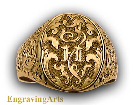 18K Gold engraved signed Ring